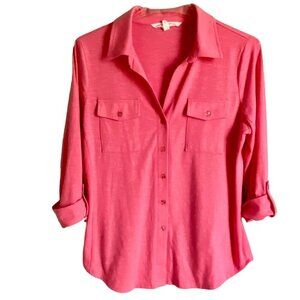 Kiss & Fly Pink Button Down Shirt Roll Tab Sleeves Women's Size Medium